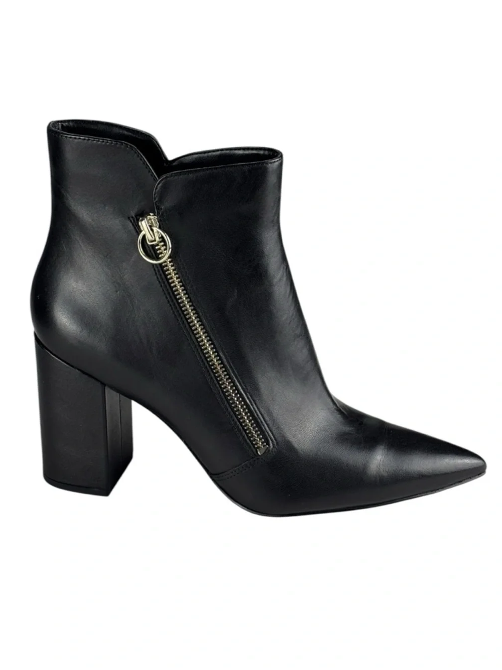 NINE WEST RUSSITY BLACK LEATHER POINTED TOE ASYMMETRIC ZIP ANKLE BOOTS BOOTIES